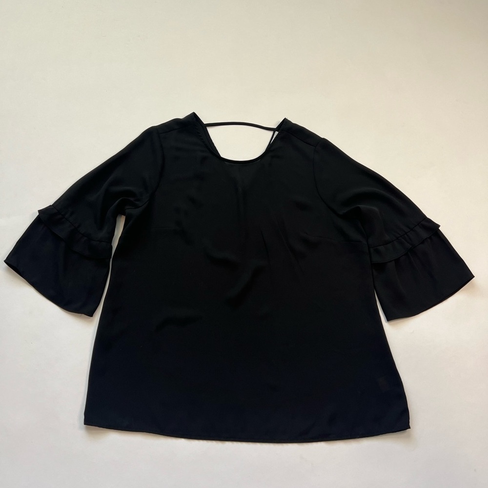 DR2 Anthropologie Black Sheer Bell Sleeve V Low Back 3/4 Medium Top Clas…